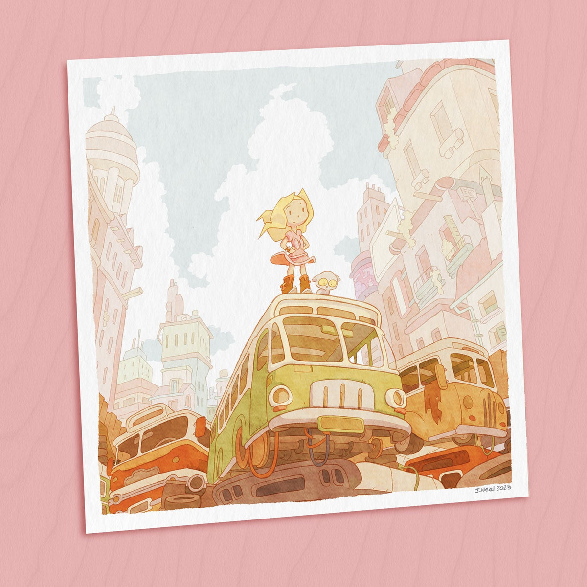 Illustration exclusive de Julien Neel imprimée  "Le cimetière des autobus"